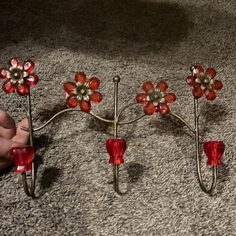 Antique red glass wall hanger. Red flowers 🌺 and top of hooks. Beautiful!